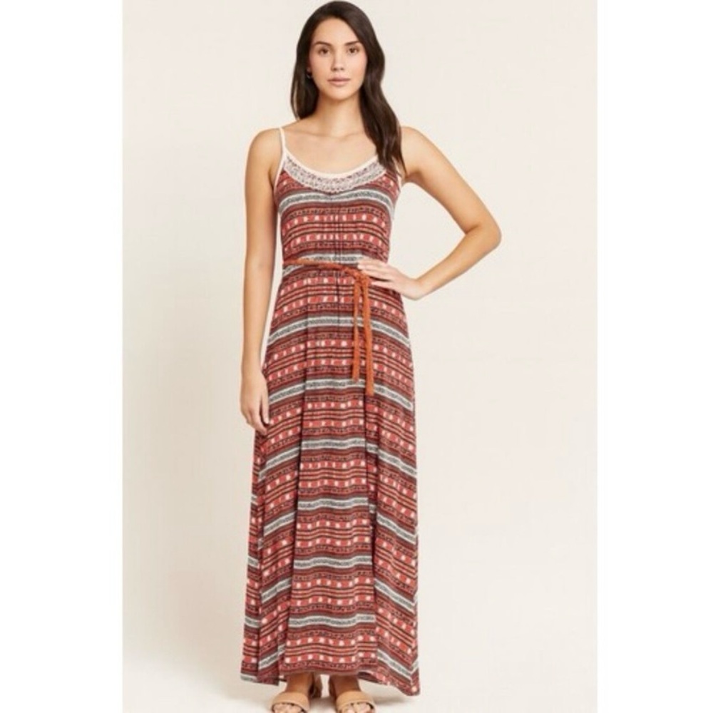 Lucky Brand Maxi Dress Size M Red Embroidered Boho Southwestern Aztec Print NWT